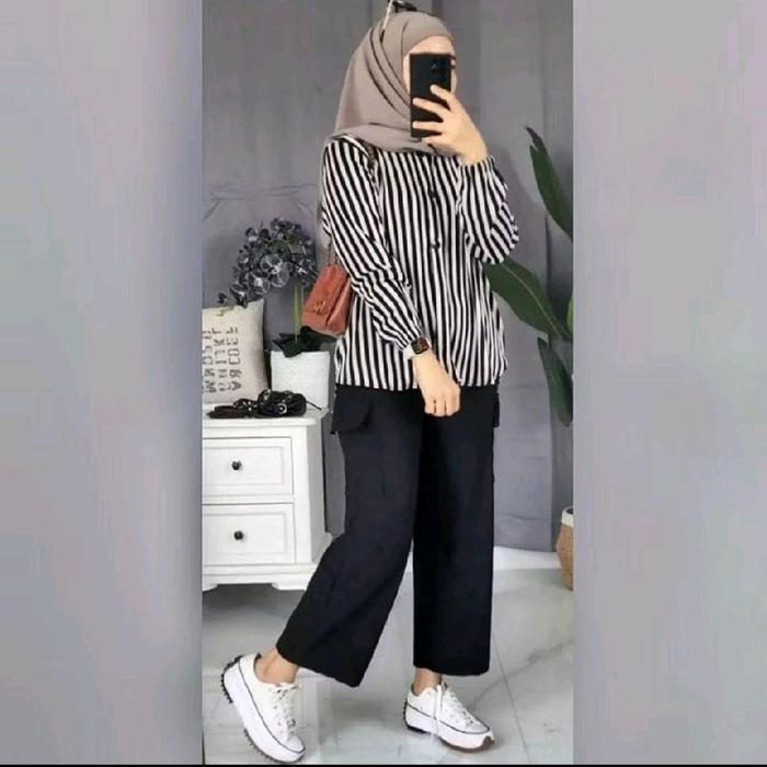 ORIGINAL SETELAN SALUR LENGAN PANJANG CELANA CARGO LONGGAR set outfit wanita korean style Stelan Wan