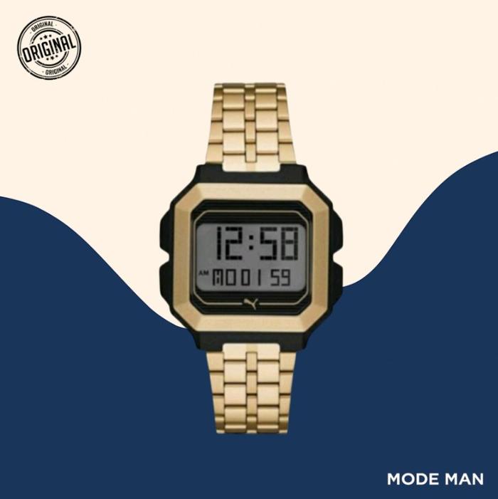 Puma LCD Watch Men's Remix Stainless Steel Gold 42 mm – Jam Tangan Digital Pria Sporty Elegan, Arloj