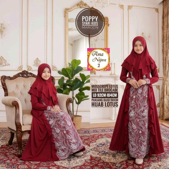 Gamis anak syari mix tile set jilbab lotus motif modis kekinian LD 92-104 poppy syari kids by Ama Na