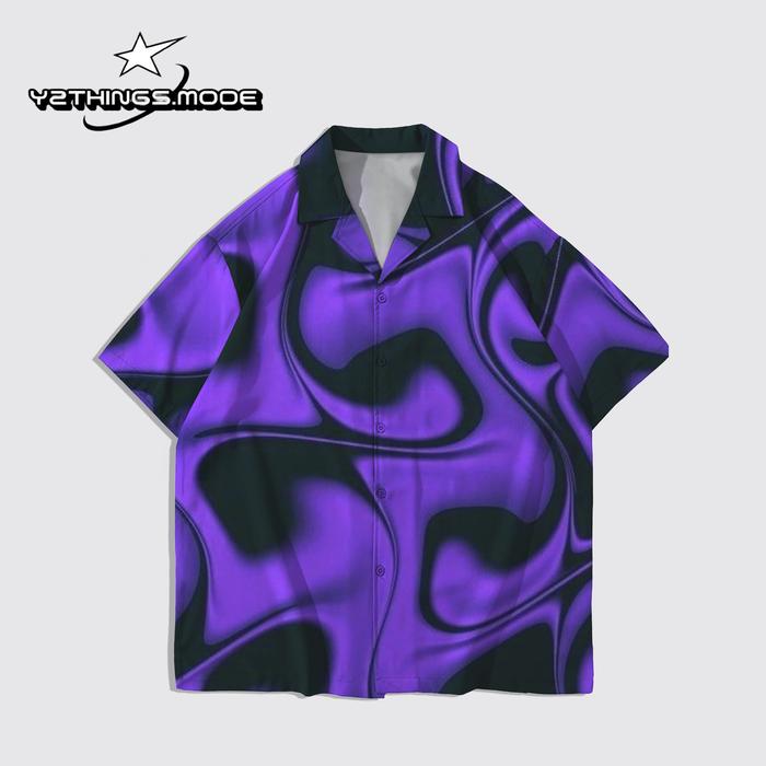 Y2THINGS Kemeja Lengan Pendek Motif Abstrak Wavy Ungu Hitam – Shirt Aesthetic Psychedelic Kekinian U