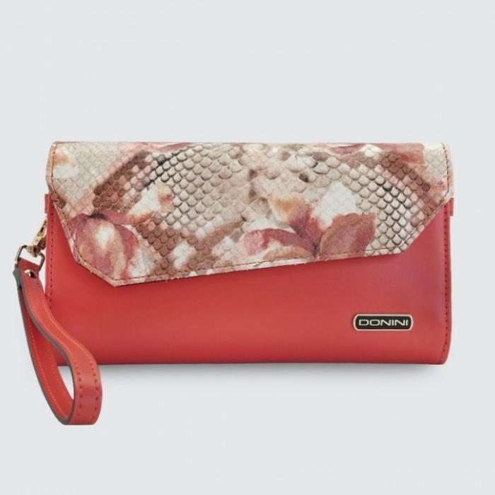 Donini Dompet Wanita Merah dengan Desain Ular Elegan dan Tali Tangan Nyaman