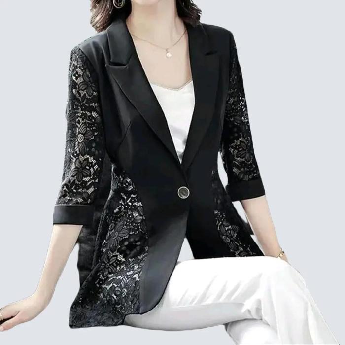 TMS PAKAIAN WANITA-Blazer wanita mix brokat korean style keren atasan hitam Casual  Putih Santai For