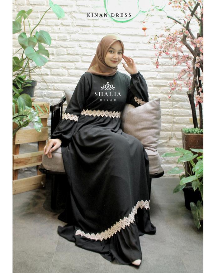 Terbaik KINAN Dress Renda Bunga Cantik Dada Bawah Gamis Ceruty Babydoll Mewah Elegan Full Puring BUS