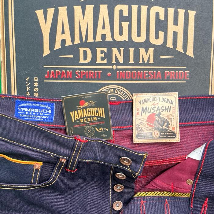 YAMAGUCHI MUSASI Celana Denim 15 Oz Blue Indigo Weft Maroon Sanforized Selfedge Accent