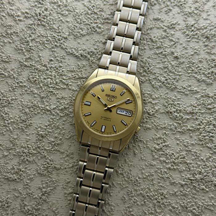 Arloji Jam tangan Seiko 5 SNK36 Fullset Gold Plated 7s26c Second Preloved