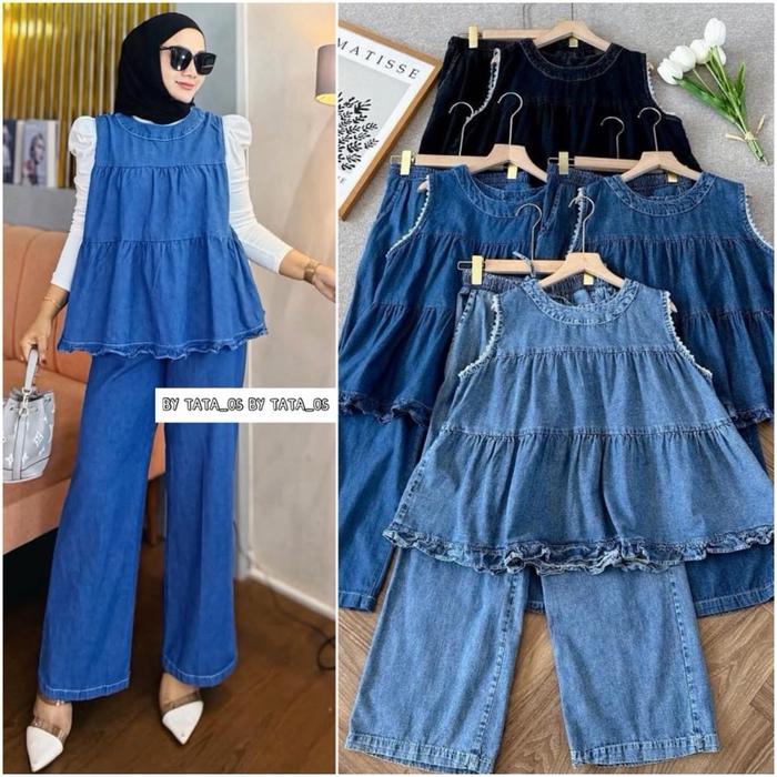 BANGKOK BY MJS REBECA SET SETELAN BLOUSE & CELANA KULOT TAG LABEL SOFT JEANS IMPORT