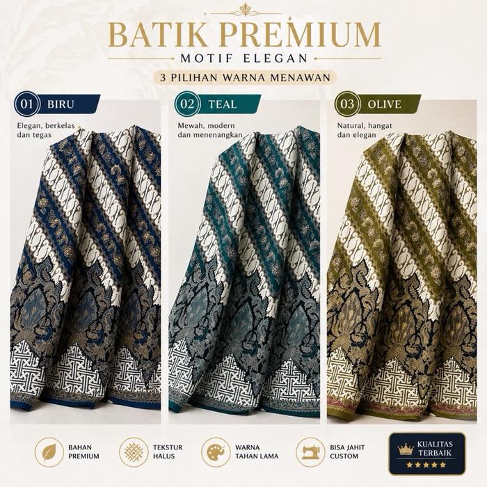Kain Batik Premium Motif Elegan – 3 Warna (Biru / Teal / Olive)