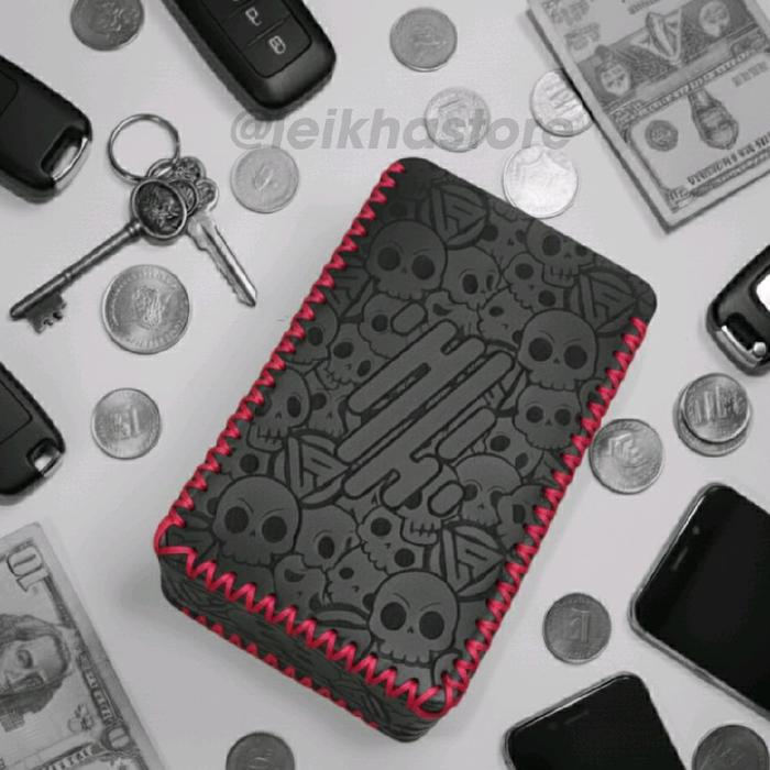 Dompet PU Leather Sleeve Case R234 Hitam Logo Full Skull Besar Benang Pink Tua Wadah Koin Kunci Prem