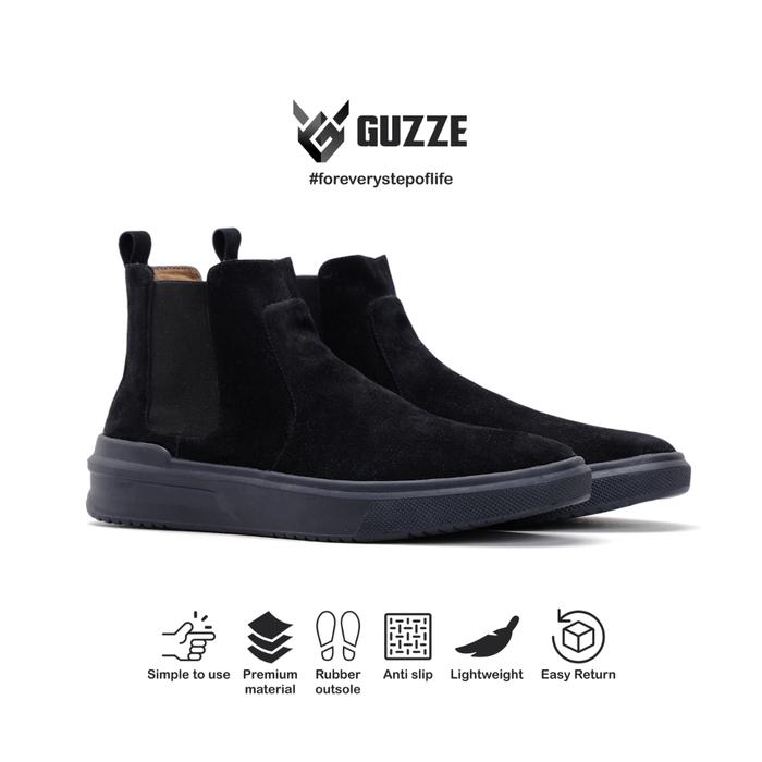 Sepatu Chelsea Boots Suede Pria Casual Guzze Axton Dark Grey Round Toe Shoes Black Kerja