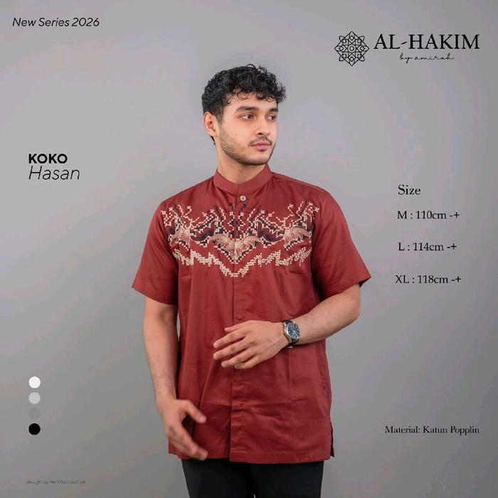 Al Hakim Koko Hasan Kemeja Panjang Pria Bahan Katun Kombinasi Bordir Size M L XL Original Tunik Baju