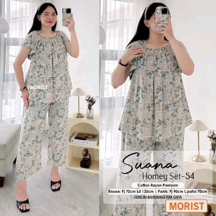 MOTIF ACAK - Home Set Dada Karet Lengan Pendek Celana Panjang Bahan Rayon Premium Fit XL+ By Morist 