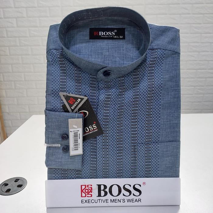 BOSS Kemeja Koko Lengan Panjang Regular Biru Salem Abu Muslim Pria Dewasa Baju Koko Elegan dengan Pi