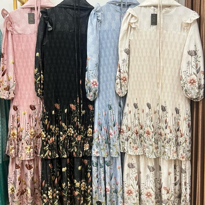Gamis Plisket Kecil Bunga Trend Layer Silk Hari Raya Dress Dewasa Lebaran Mewah - Wanita, Syari, Pes