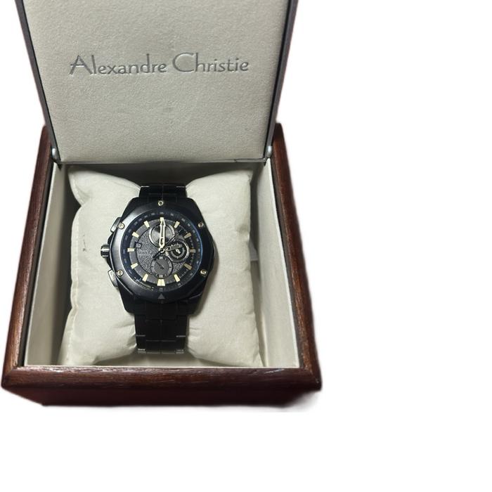 Alexandre Christie Jam Tangan Pria Model Chronograph Hitam dengan Tali Stainless Steel dan Kotak Mew