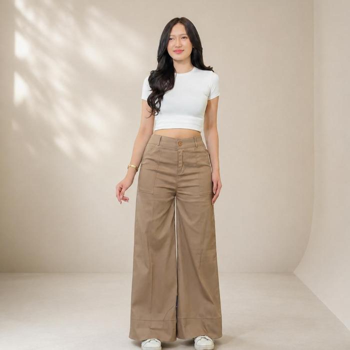 URON - AURELIA Wide Leg Pants Katun Twill Premium Wanita