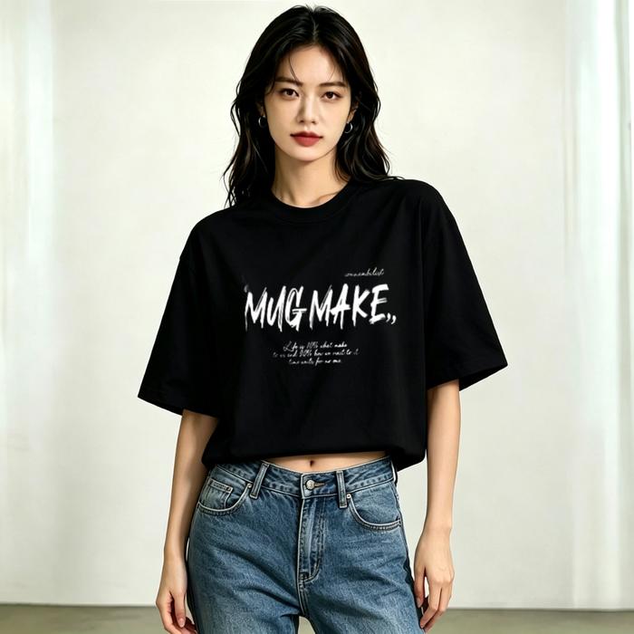 Gaya Korea Mug Cetak Teks Putih Kaos Pakaian Wanita Sederhana Serbaguna