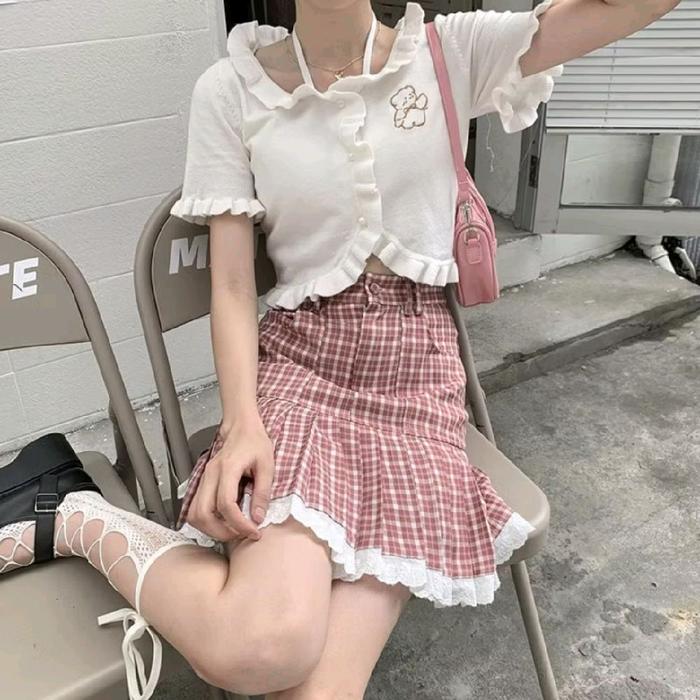 Crop Tee Lengan Pendek Wanita Variasi Rempel Sederhana Baru Crop Top Rajutan Renda Atasan