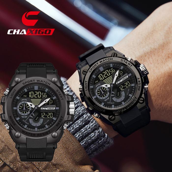 Jam Tangan Elektronik Pria CHAXIGO Analog/Digital Dual Display, Layar LED, Tahan Guncangan, Tahan Ai