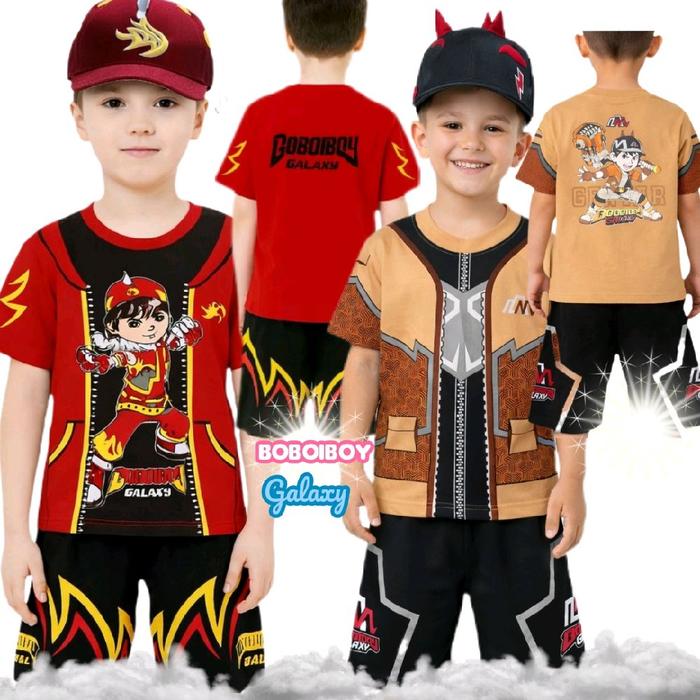 Boboiboy Setelan Galaxy Anak Laki-laki Baju Kaos Merah & Celana Pendek Hitam Motif boboiboy api