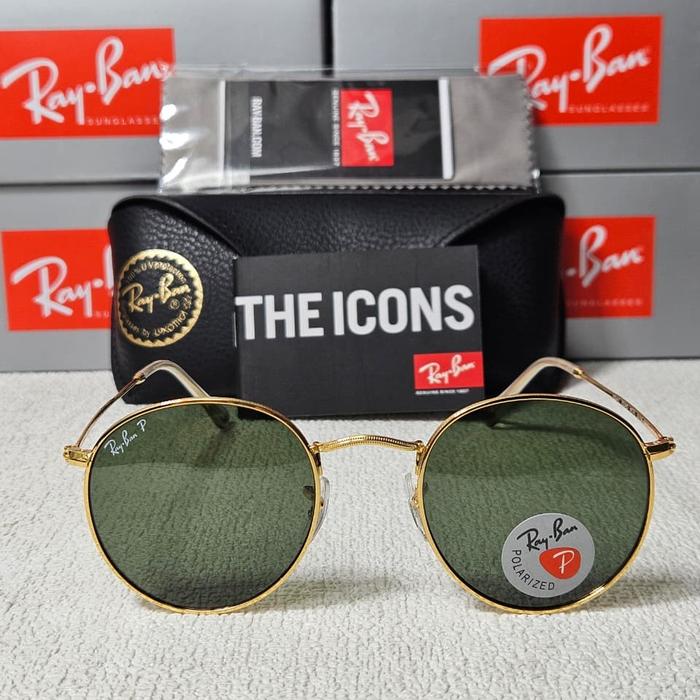 Kacamata Rayban Round Metal RB3447 001/58 Gold Lens Green Original