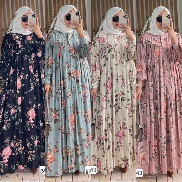 Zaskia Dress Gamis Rayon Diamond Kain Premium Motif Bunga Aloora  Dress Sakura Dress Gamis Motif Ter