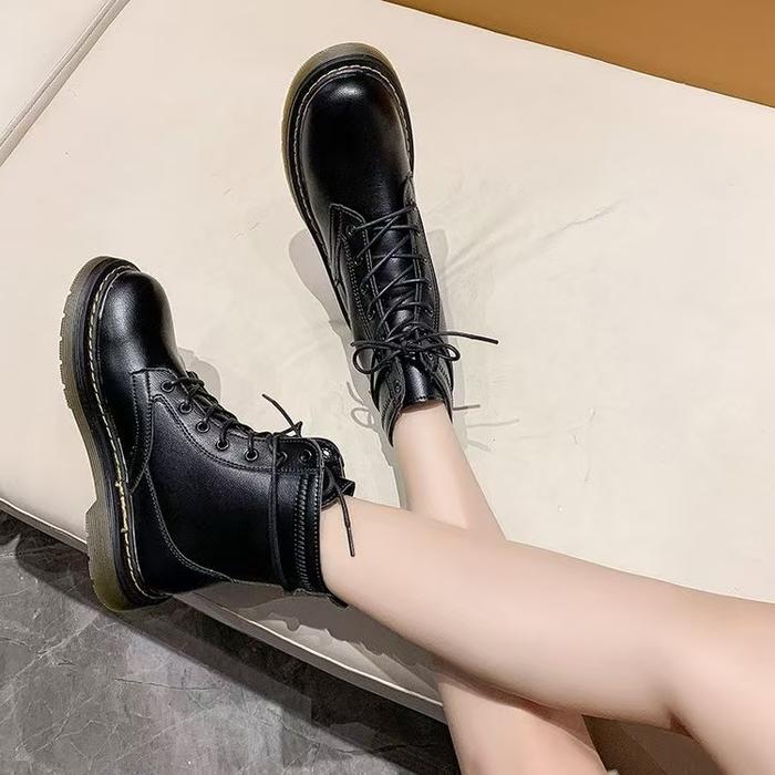 Sepatu Martin Boots Combat Kulit Sintetis Flat Hitam Wanita S34