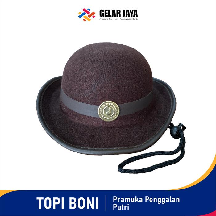 Topi Boni Pramuka Penggalang Putri Laken Rajut Bludru Lengkap Pin Tali Stopper