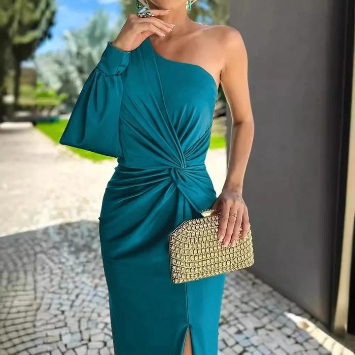 Womens Sexy Draped Patchwork Long Sleeve Party Dress Spring Summer New Skew Collar Fashion Maxi Dres