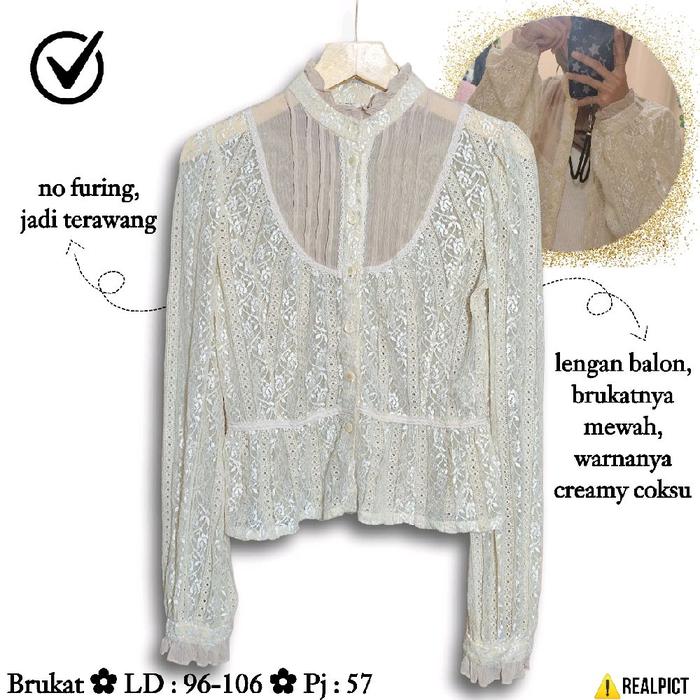 Cottagecore Brukat Crop Size M L Lengan Balon Puffy Shoulder White Lace Top Cream BW Coksu Ruffle Ke