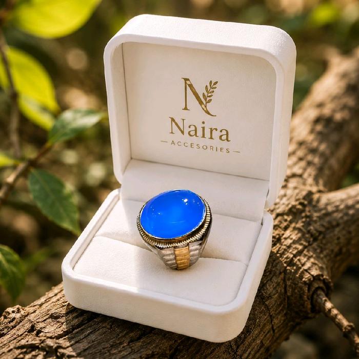 Cincin Blue Calsedon Ring Titanium Super Mewah