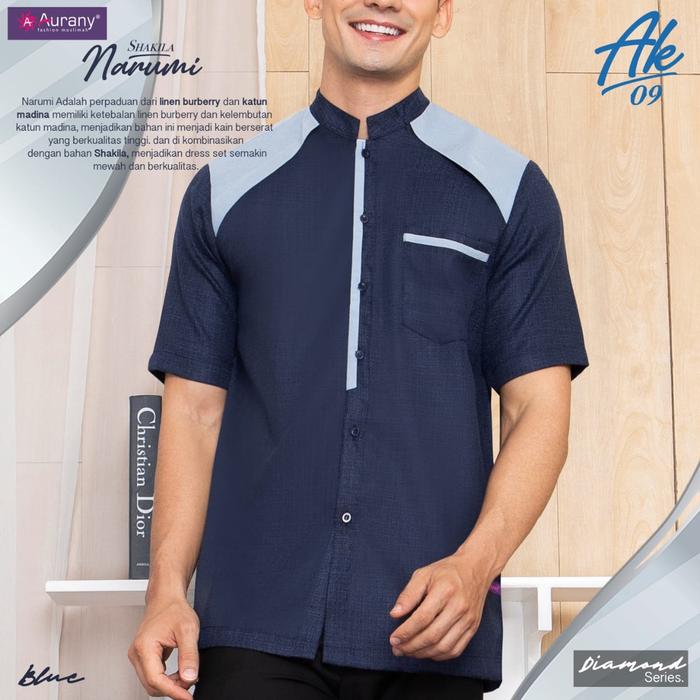 Terbaru Aurany Koko AK 09 Navy Narumi Cotton Lembut Adem Garis Dada Lengan Pendek Nyaman Dipakai