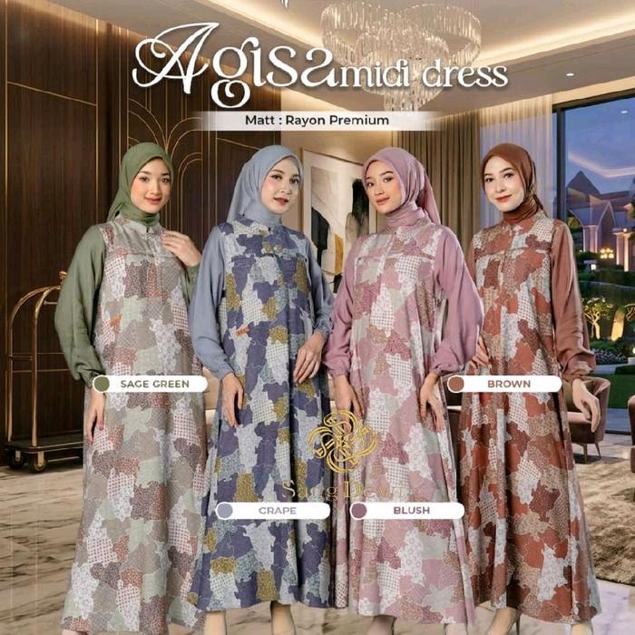 Agis2 Midi Dress Rayon Premium - Sage Green, Brown, Grape, Blush - Baju Muslim Wanita Elegan