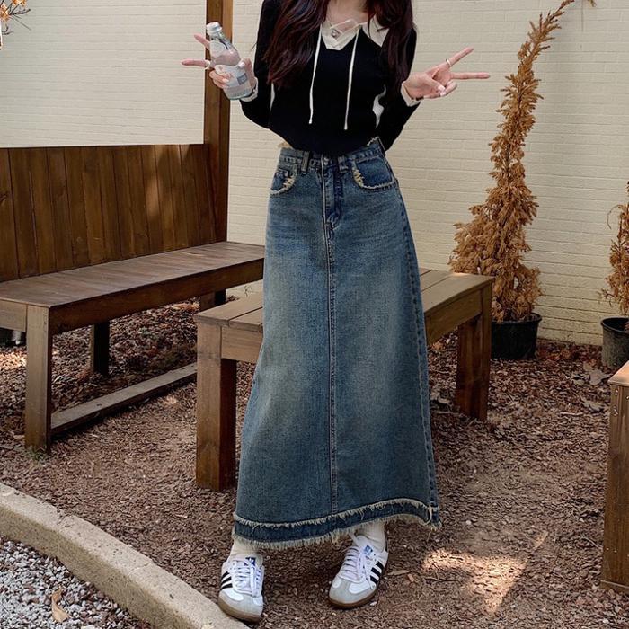 Rok Denim Jeans Midi Long Skirt Denim Women Panjang Hw Mx685