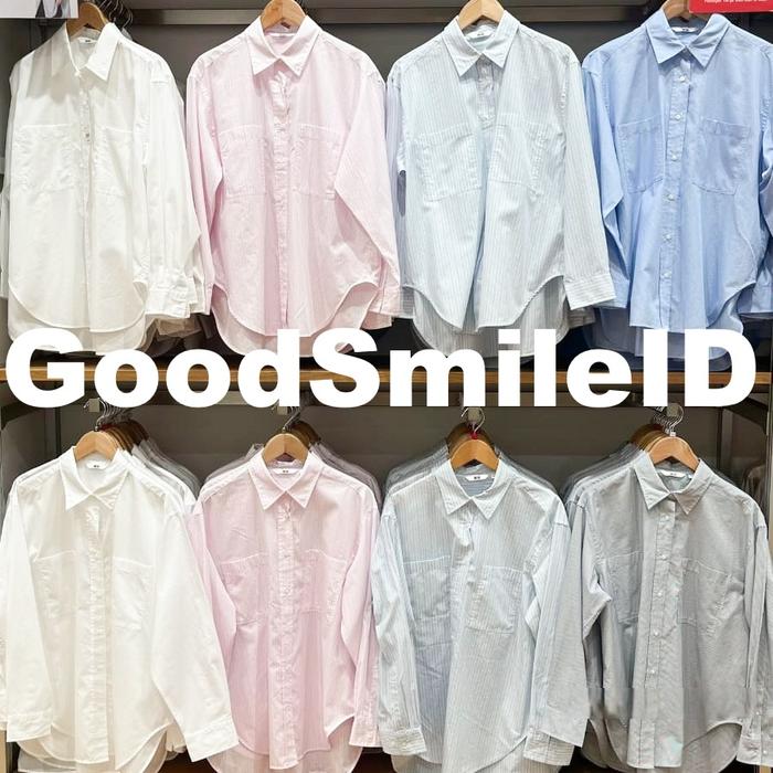 SALE! Women Kemeja Katun Lengan Panjang Blus Blouse Formal Kasual Cotton Polos Garis Putih Biru Atas