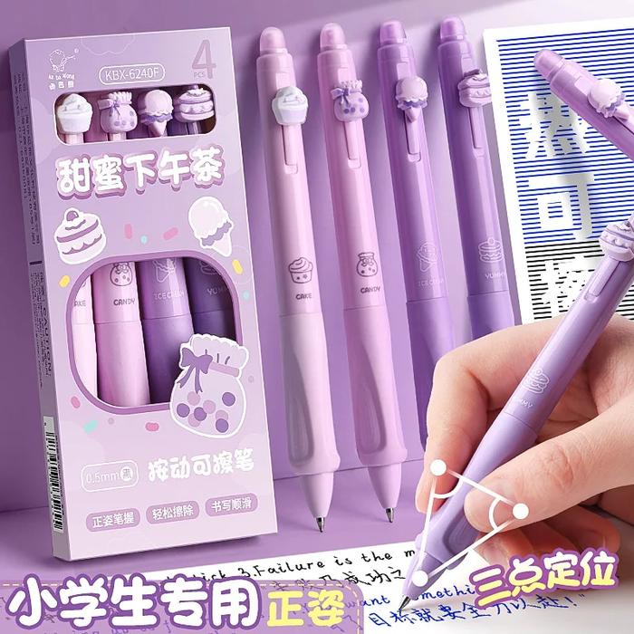 4Pcs Cute Erasable Gel Pen With Eraser 0.5 mm Blue black ink Ballpoint Writing Posture Correction pe