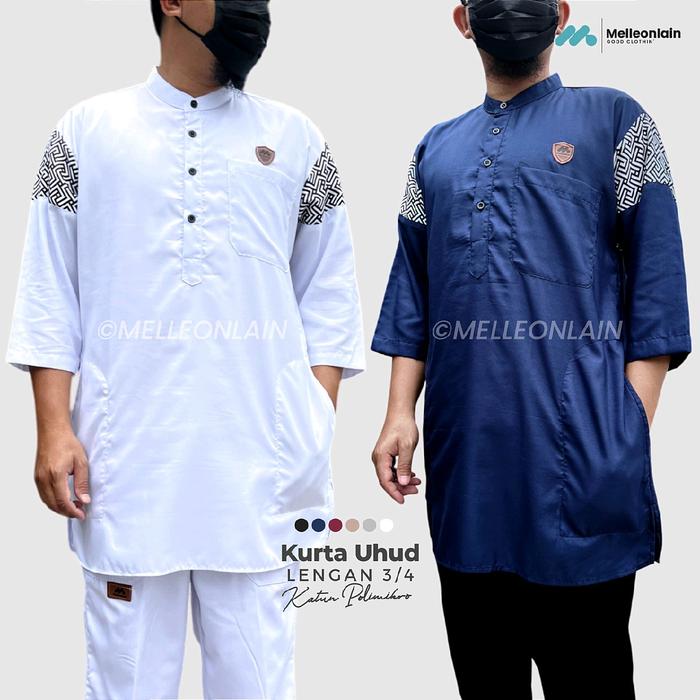 Kurta Uhud Lengan 3/4 Tiga Perempat Batik Panjang Baju Sepaha Koko Muslim Melleonlain Kancing Katun