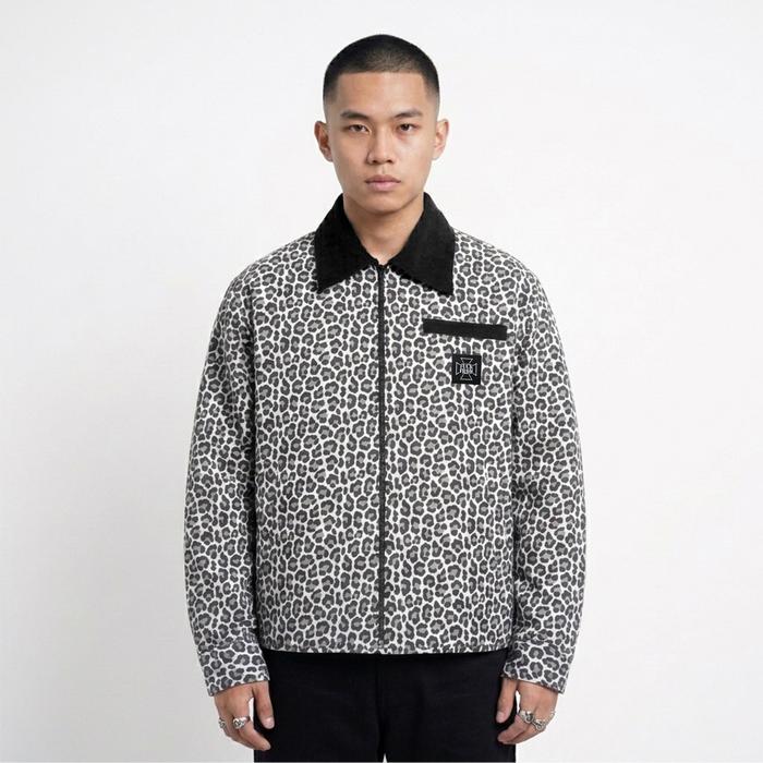 FRDM Streetwear Work Jacket Motif Leopard Jaket Kerja Casual Boxy Fit Katun Nyaman Hitam Formal