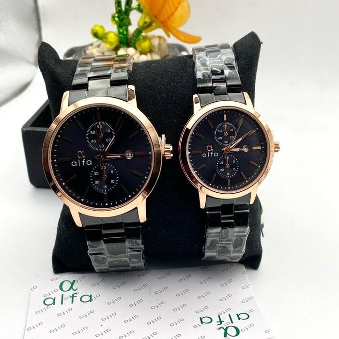 ALFA WATCH Tipe-80001-2 Jam Tangan Couple Rantai Quartz Analog Bahan Stainless Stell Tanggal Aktif T