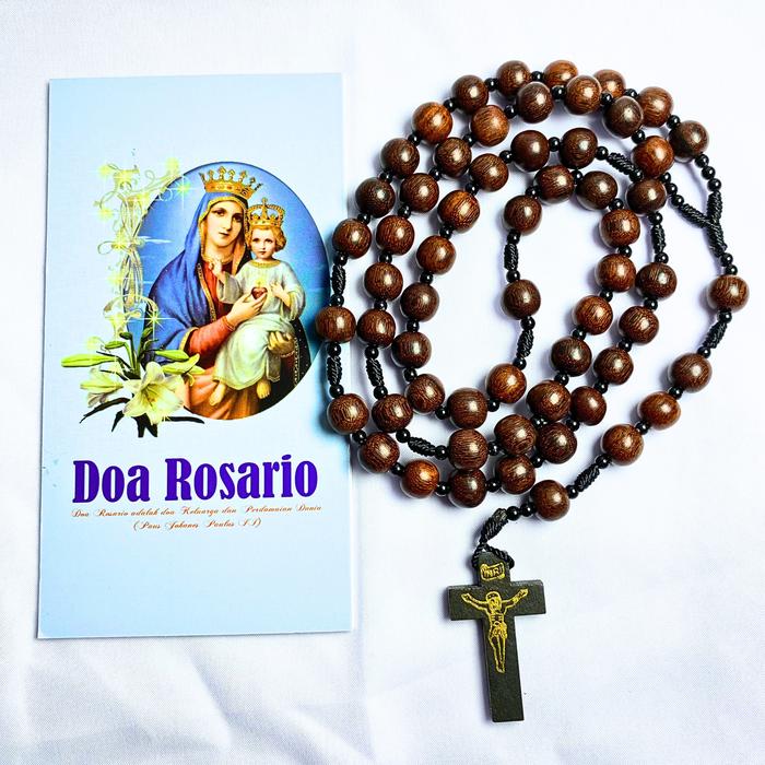 Kalung Doa Rosario Kayu Galih Asem 10mm Original dengan Lembaran Doa dan Gambar Yesus Bunda Maria Or