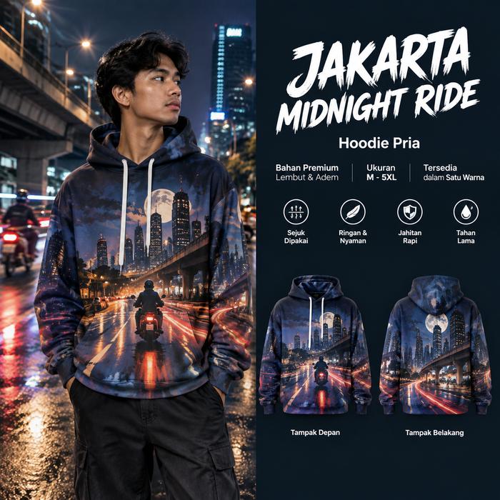 Hoodie Pria 3D Print Pemandangan Kota Jakarta Midnight Ride, Motif Skyline Gedung Tinggi, Jalan Raya
