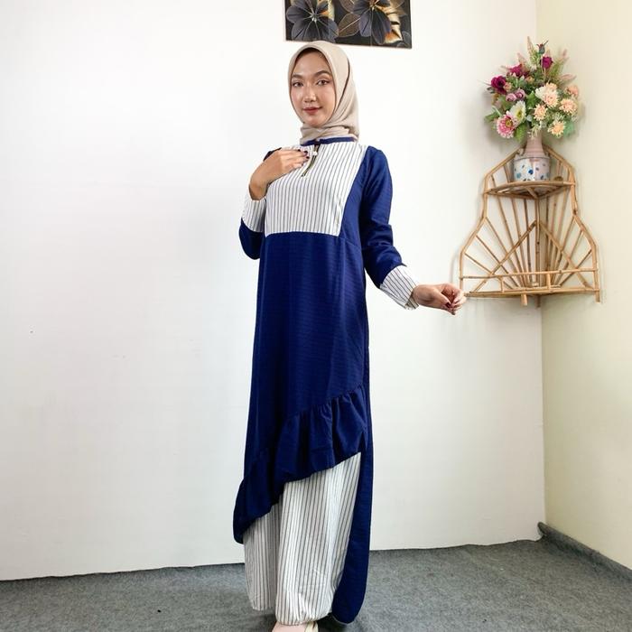 Gamis Kaos Kombinasi Motof Garis- Garis Dress Dewasa Maxi Remaja Basic Wanita
