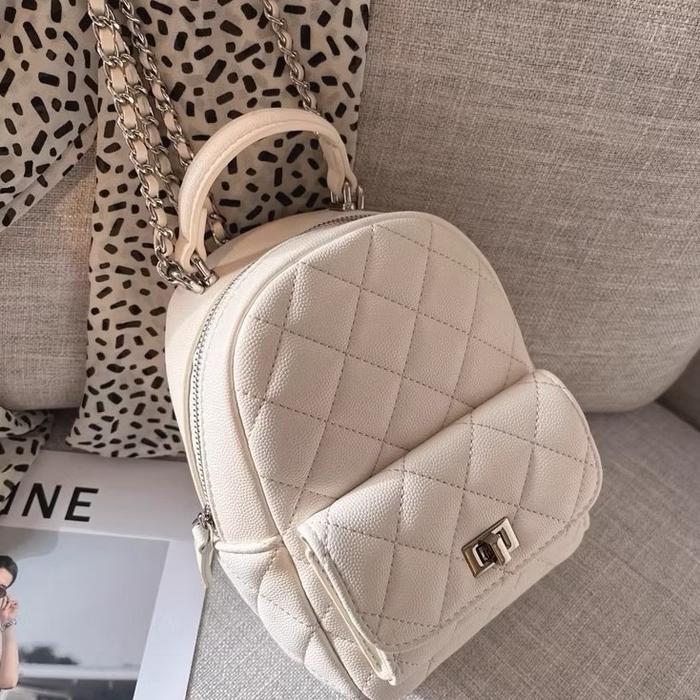 ￼Miniso Diamond Pattern Backpack Beige Tas Backpack Mini Wanita / Tas Gendong Mini Wanita