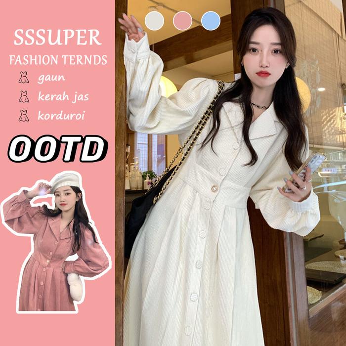 Sssuper【Kerah Jas】Gaun Korduroi Lengan Panjang Dengan Panjang Sedang Rok Pakaian Wanita Retro