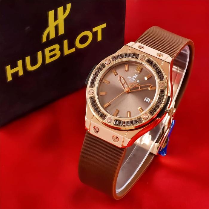 (Jam Murah) Jam Tanngan Wanita HUBLOT RING MATA BALOK Tali Rubber Karet Tanggal Aktif Diameter 3,7cm