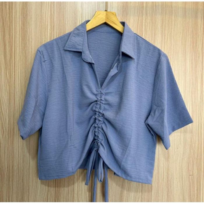 Baju Murah Blouse Crop Top Lengan Pendek Remaja Bahan Crinkle Lembut Nyaman Kerah Kaki Serut Simple 