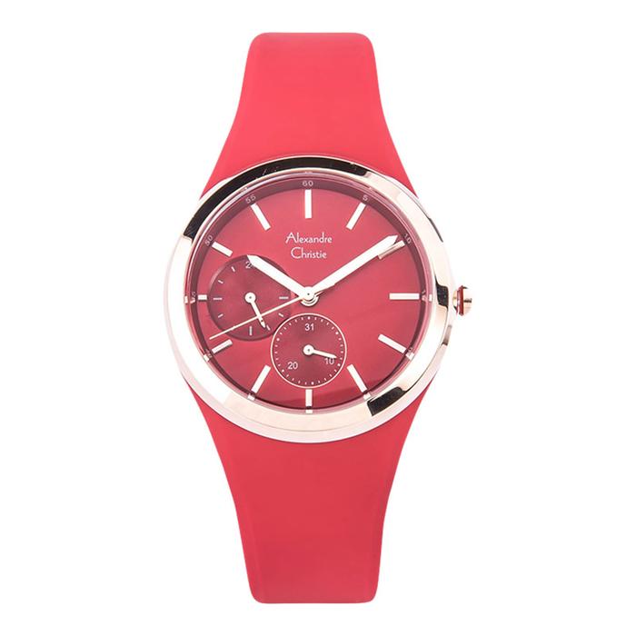Jam Tangan Wanita Alexandre Christie Multifunction AC 2663 BF RRGRE Ladies Red Dial Red Rubber Strap