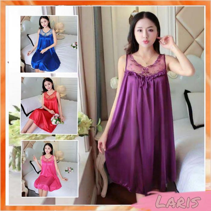 Laris - Dress lingerie sexy jumbo renda bunga / baju tidur wanita bahan satin LD 120cm PY 323 - Dast