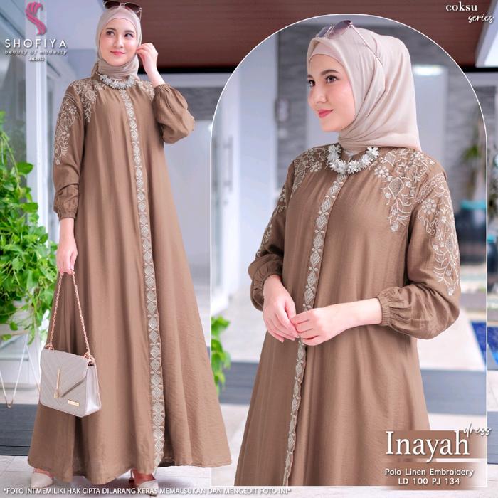 Inayah dress (Ld 100) maxy wanita lengan panjang gamis remaja bordir polo linen
