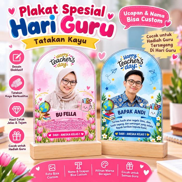 Plakat Akrilik Spesial Hari Guru Custom Foto Nama 10x15 cm, Kado Hadiah untuk Guru dan Wali Kelas, K