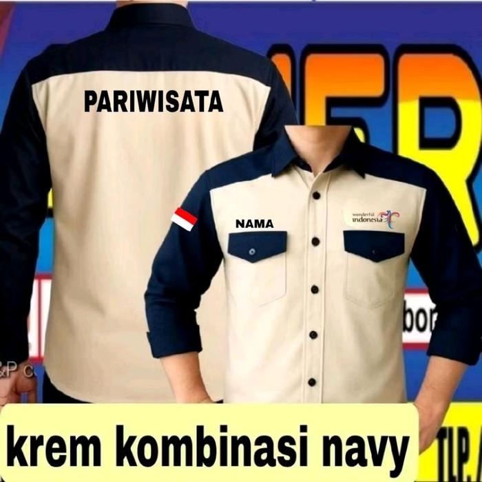krem kombinasi navy ready stok full bordir kemeja pariwisata baju pariwisata seragam pariwisata Pdh